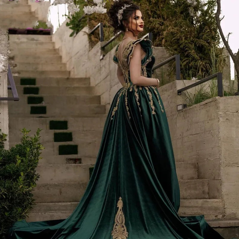 Hunter Green Moroccan Caftan Velvet Evening Dress Appliqued Lace Outfit Prom Gowns Dubai Arabic Women Party Dresses