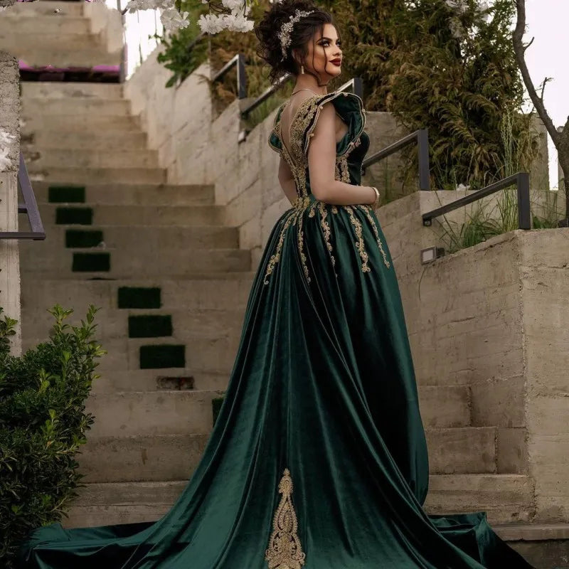 Hunter Green Moroccan Caftan Velvet Evening Dress Appliqued Lace Outfit Prom Gowns Dubai Arabic Women Party Dresses