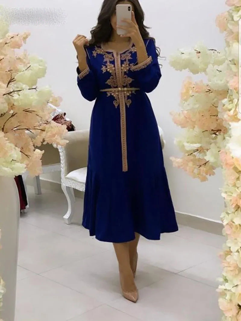 Long Sleeve Moroccan Kaftan Formal Evening Dress Prom New Arrival O-Neck A-Line Gold Lace Evening Gown فساتين السهرة