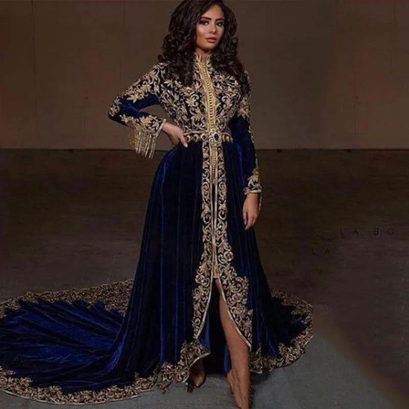 Luxurious Caftan Long Sleeve Formal Evening Dress New Arrival Delicate High Neck Gold Lace Velvet Evening Prom Party Gowns