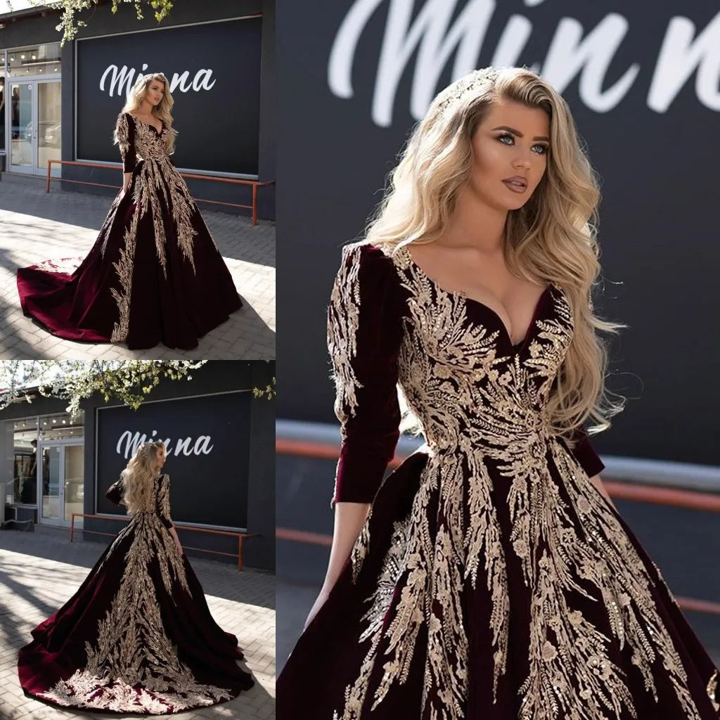 Caftan karakou algerien Formal Evening Dresses 3/4 Sleeve Burgundy Velvet Gold Lace Peplum Occasion Evening Prom Gown