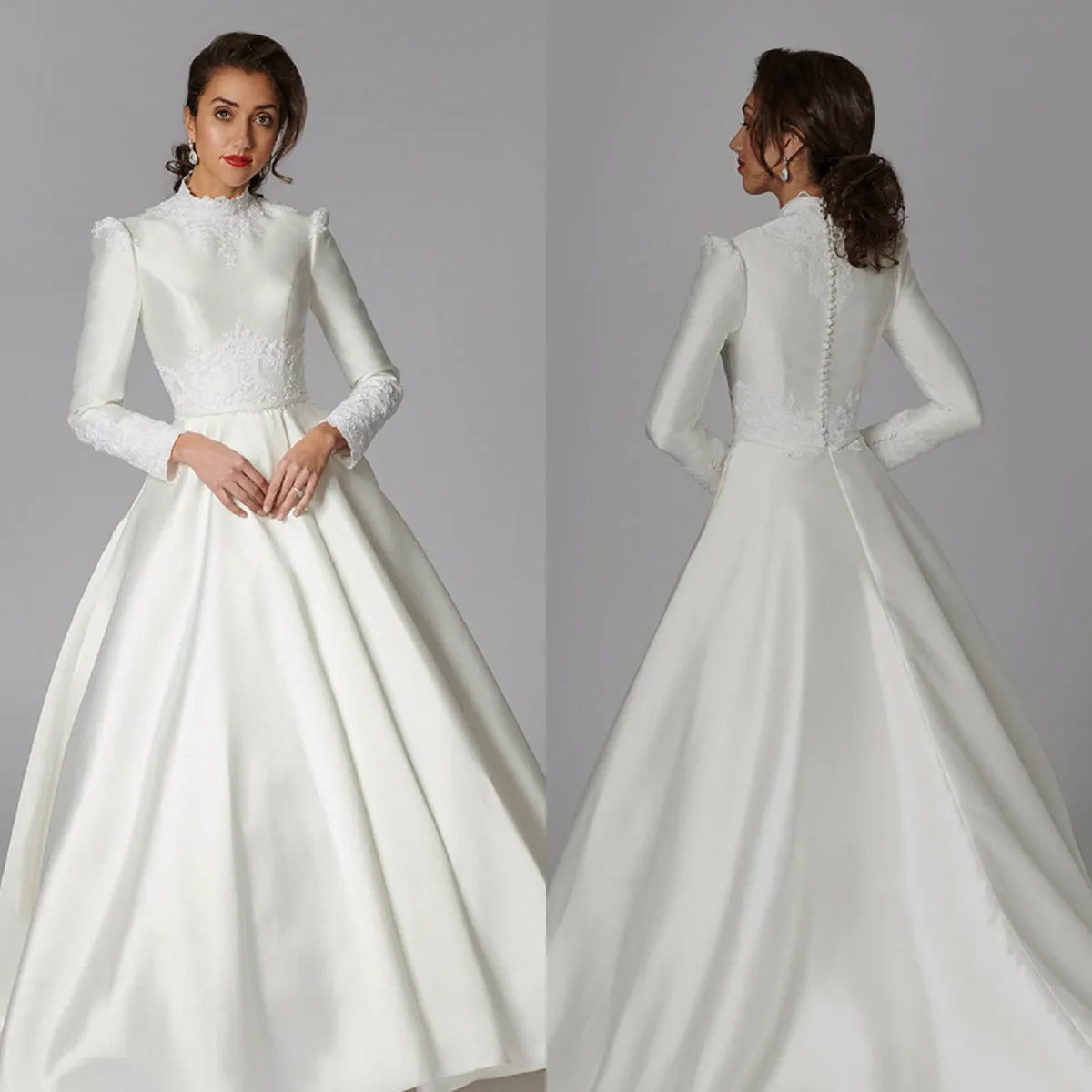 Long Sleeves A Line Wedding Dresses Covered Buttons High Neck Appliques Satin Plus Size Bridal Gowns Sweep Train Robes De Mariée