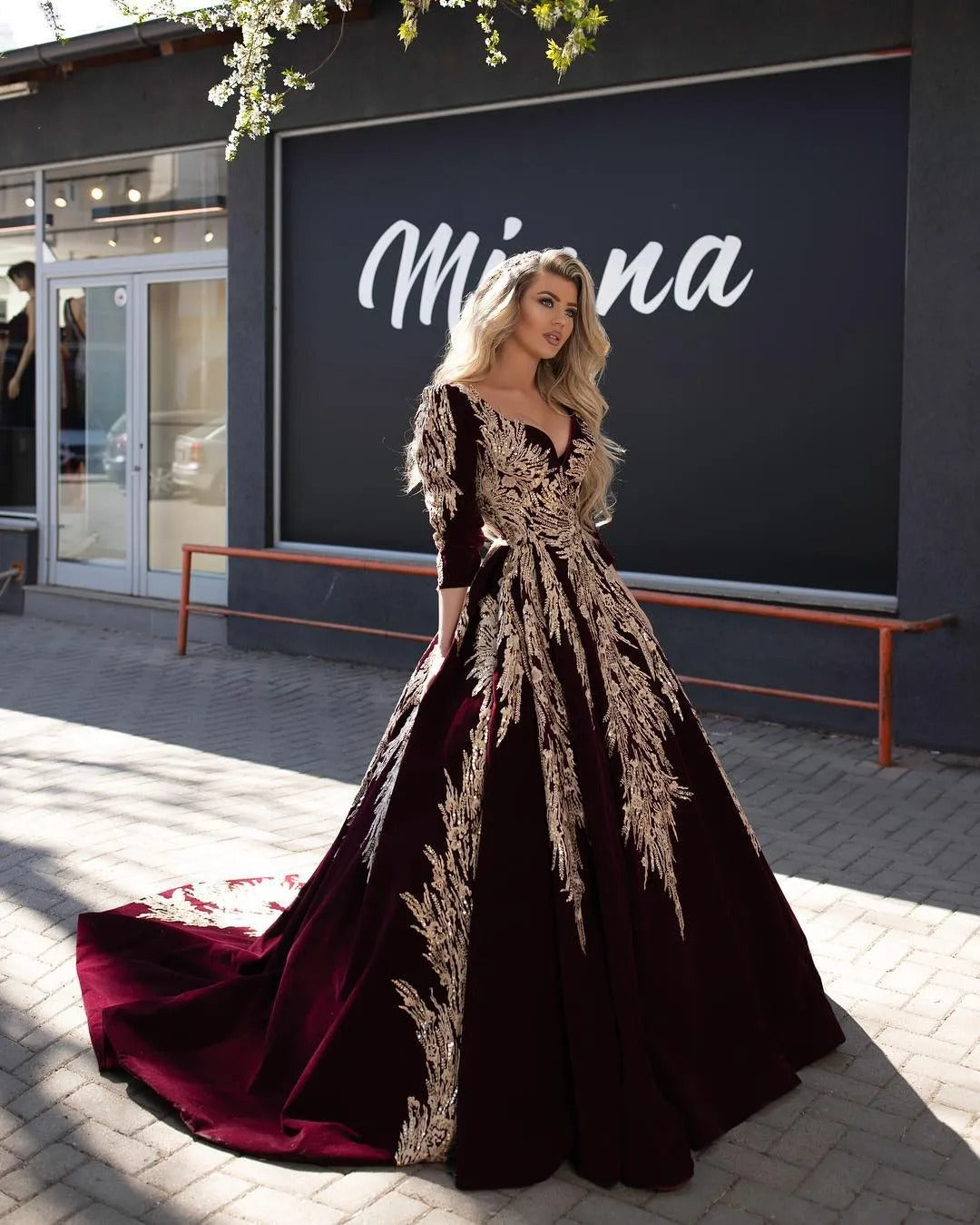 Caftan karakou algerien Formal Evening Dresses 3/4 Sleeve Burgundy Velvet Gold Lace Peplum Occasion Evening Prom Gown