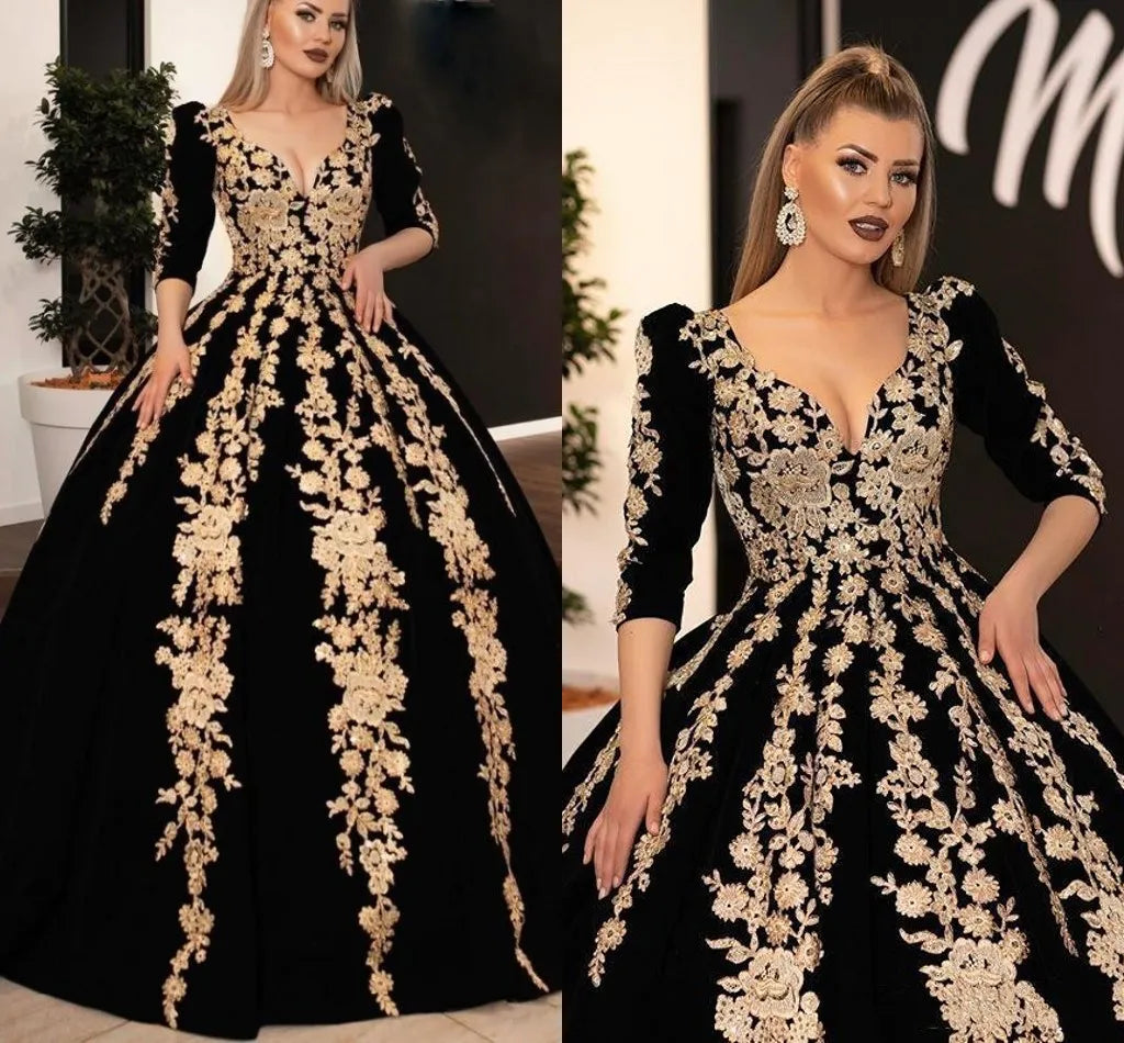 Caftan karakou algerien Formal Evening Dress Ball Gowns 3/4 Sleeve Velvet Appliques Peplum Occasion Evening Prom Gown