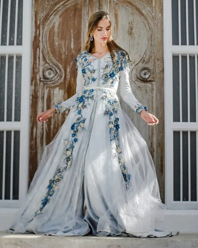 Moroccan caftan Sky Blue Evening Dresses 3D F lowers Arabic Muslim Special Occasion Dress Evening Party Gowns