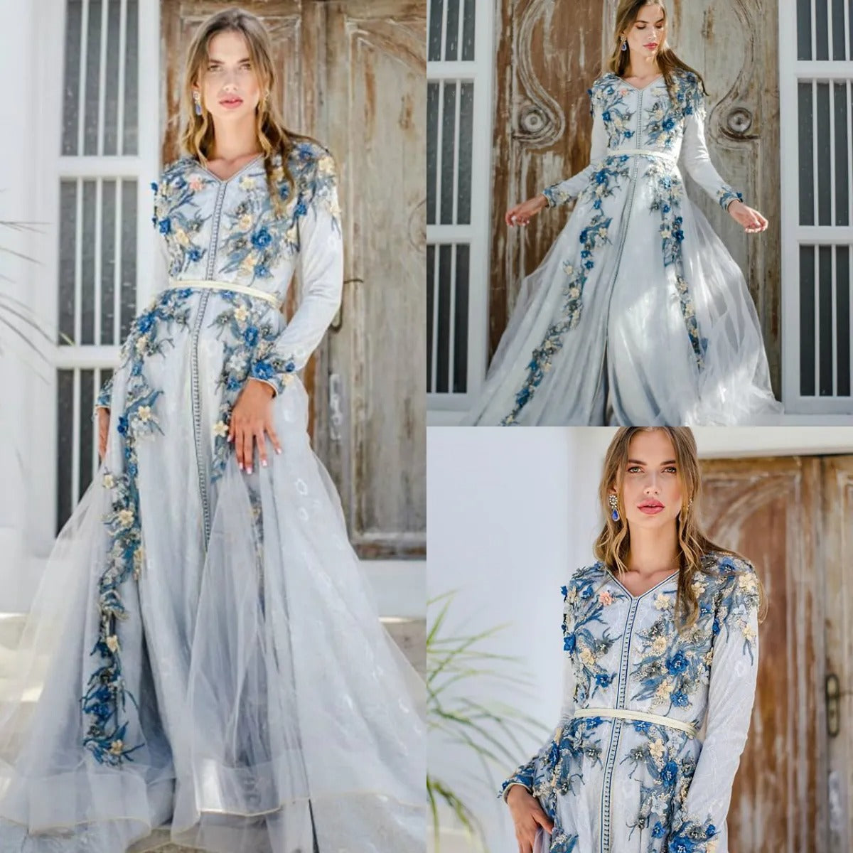 Moroccan caftan Sky Blue Evening Dresses 3D F lowers Arabic Muslim Special Occasion Dress Evening Party Gowns