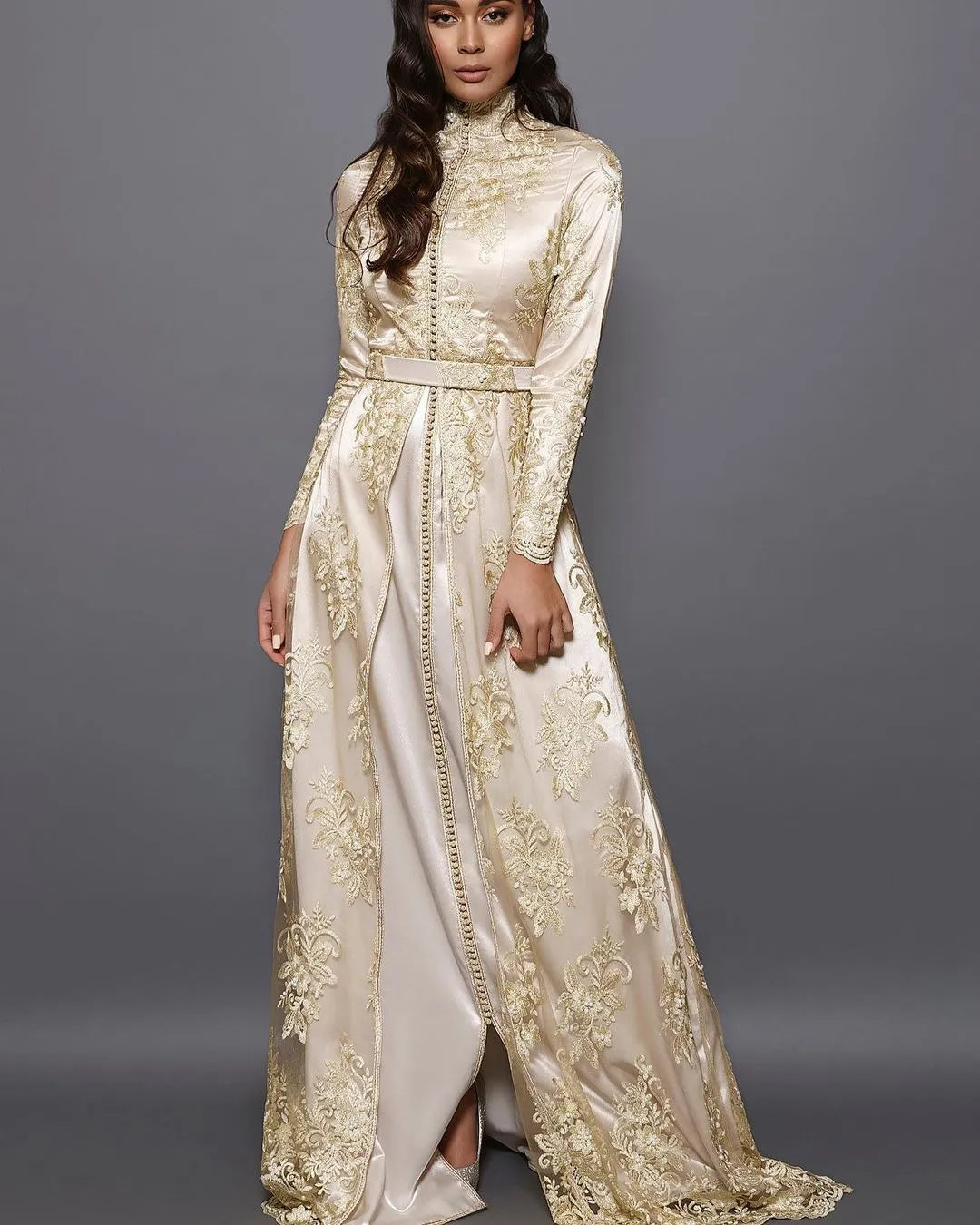 Champagne Moroccan Caftan Evening Gowns A-Line Long Sleeve Lace Special Occasion Dresses Dubai Formal Prom Dress Plus Size