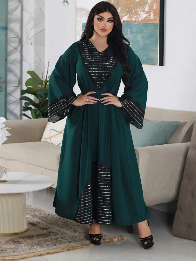 Fashion Sequins Black Mesh Patchwork Dubai Abaya Elegant Casual Full Sleeve V-Neck Long Dress Women Muslim