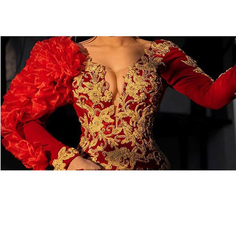 V Neck Red Morocco Caftan Mermaid Evening Party Dresses Long Sleeve Gold Lace Prom Gown Saudi Arabia Red carpet Dress