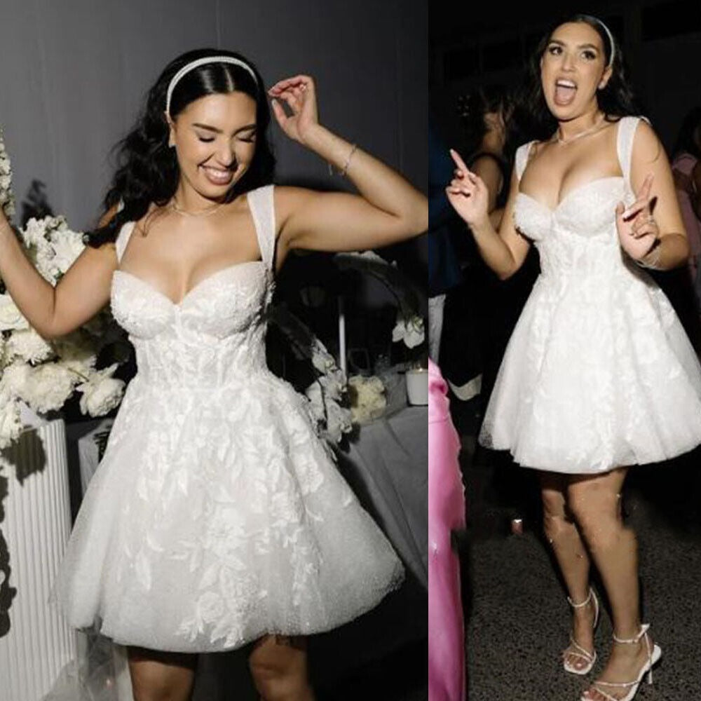 LoveDress Glitter Lace 3D Flowers Mini Short Wedding Dress V-Neck Appliques Bridal Gowns Backless Shiny Sleeveless Bride Dress
