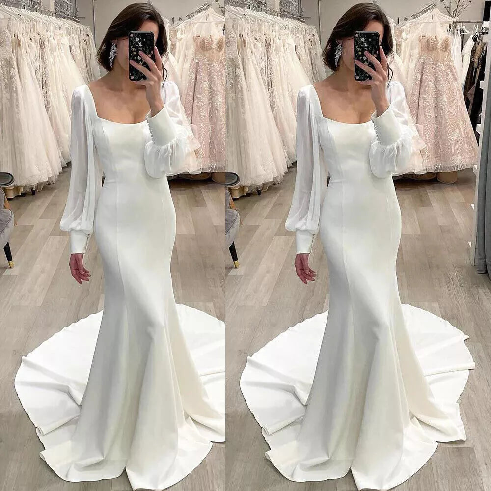 Simple Mermaid Wedding Dresses Woman Zipper Long Sleeves Square Neck Bride Gowns Long Bridal Gowns Custom Vestido De Novia Picture Color