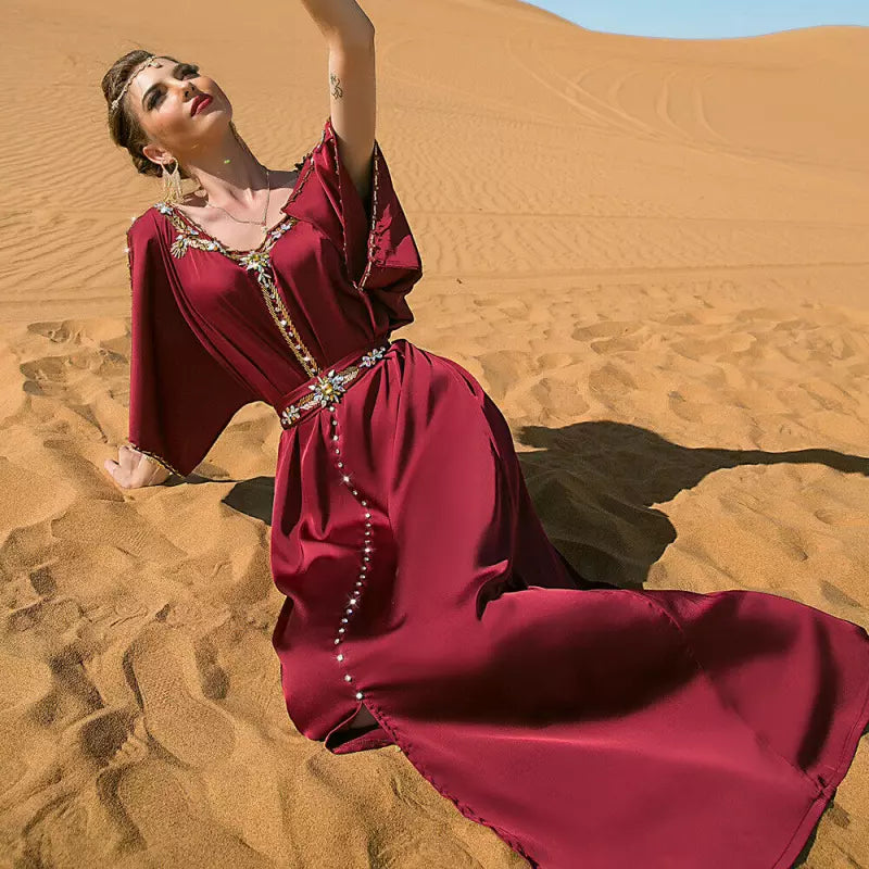 Evening Party Dresses Handsewn Diamonds Off The Shoulders Belted Abayas Moroccan Saudi Women Kaftan Islamic Clothing