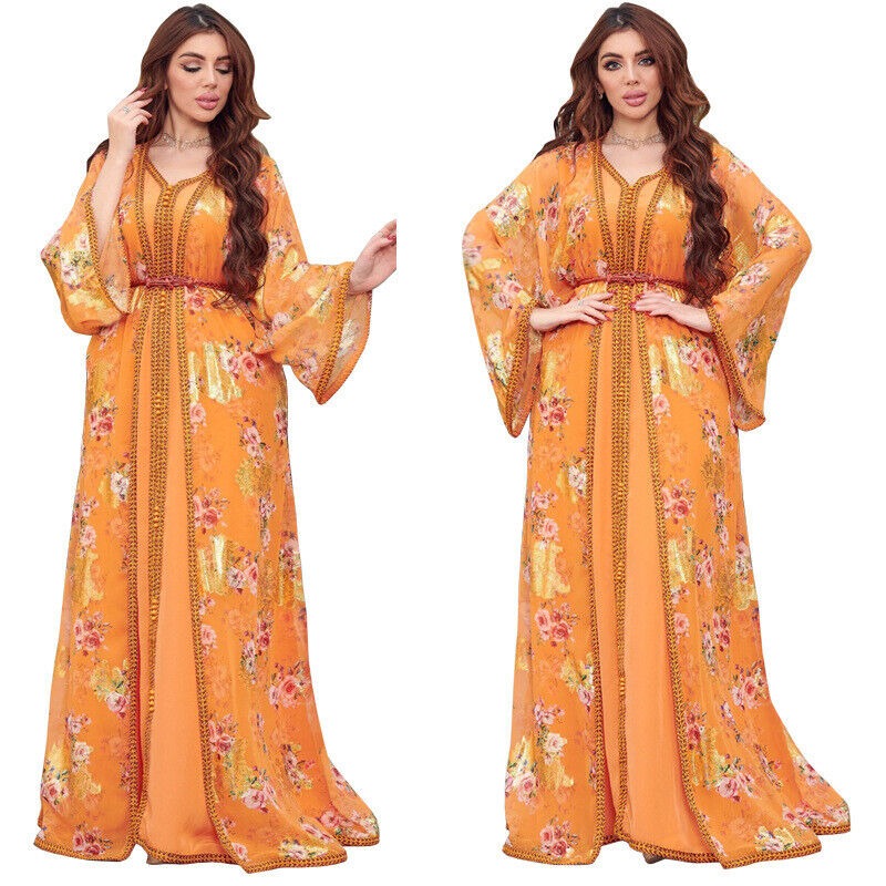 Djellaba Marocaine Two Piece Muslim Dress Chiffon Print Belted Kaftan Ramadan Gown Abayas Islamic Cloth Turkish Women Clothes