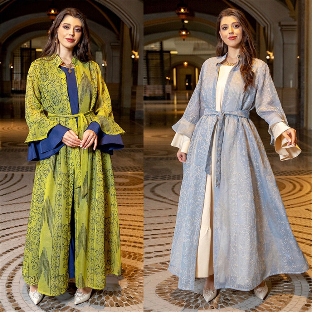 Muslim Evening Dress Set for Women Chic Ruffle Sleeve Embroider Kimono Abaya &Inner Vest Middle Eastern Dubai Turkey Party Robe