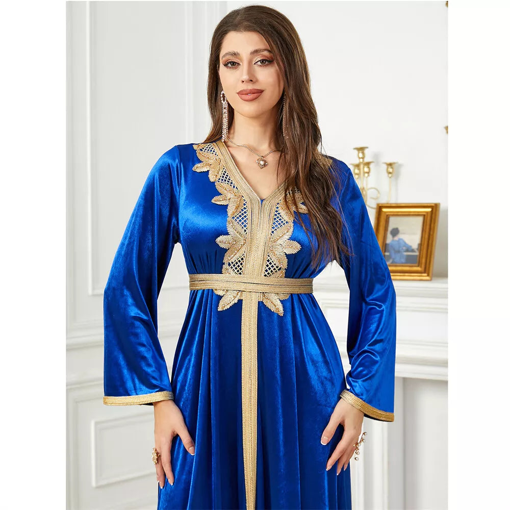 Velvet Autumn Winter Solid Evening Dress Jalabiyat Turkish Saudi Long Sleeve V-Neck Belted African Moroccan Abaya