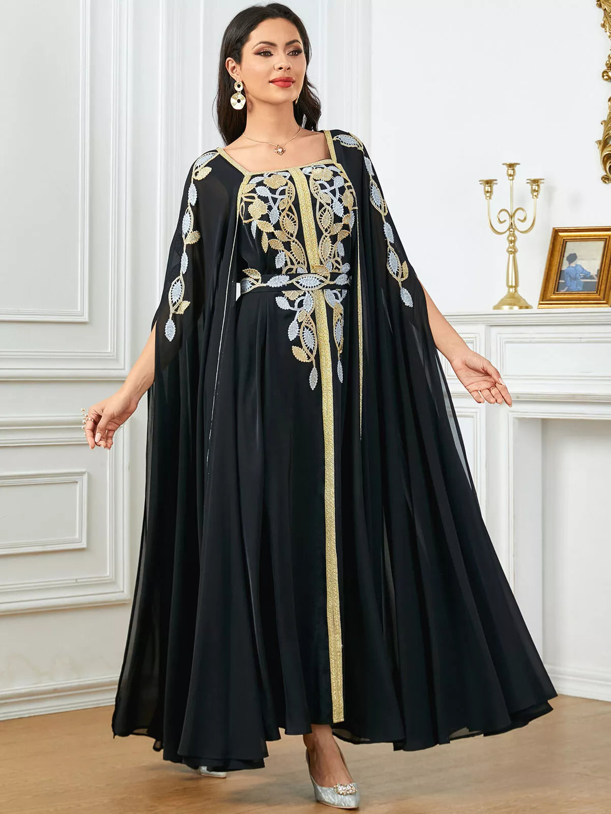 Elegant Casual Super Long Sleeve Party Gown Moroccan Saudi Appliques Belted Dresses Turkish African Abayas Arab Kaftan