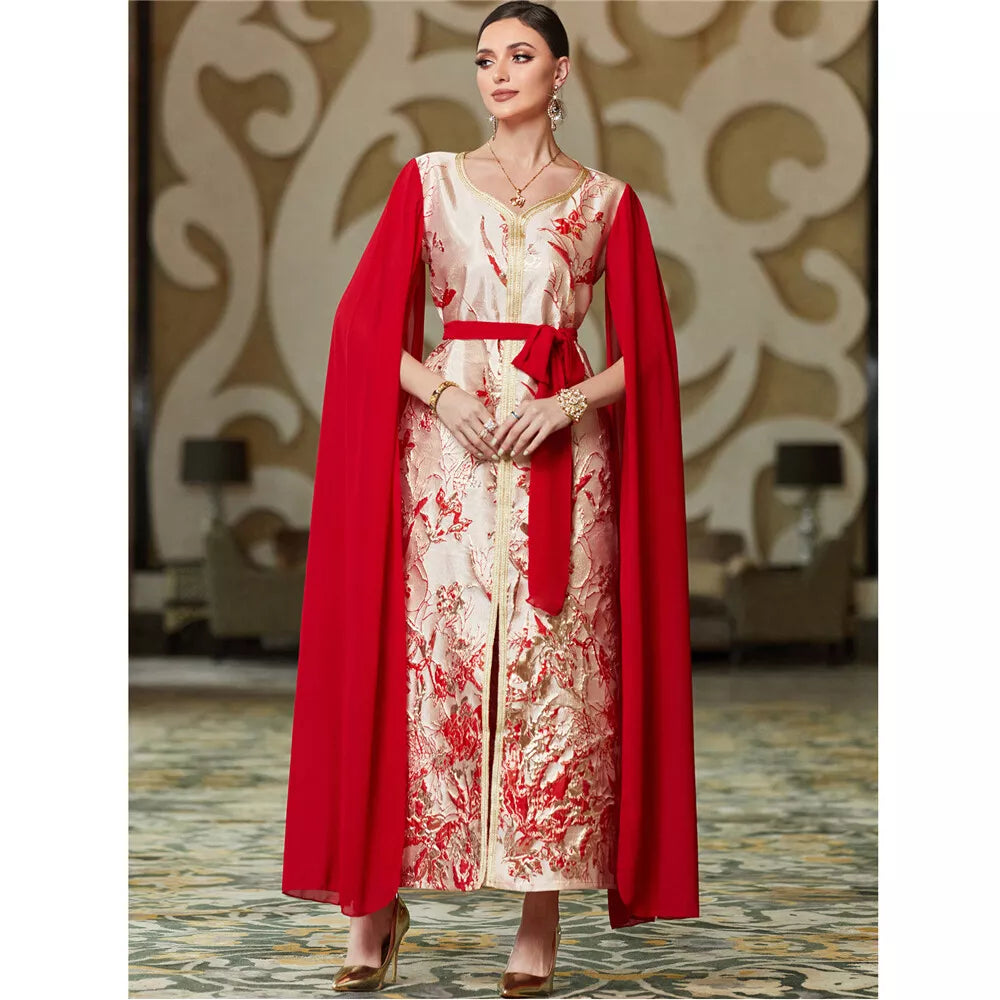 Fashion Dubai Royal Caftan Women Chic Printing Super Full Sleeves V-Neck Belted Clothing Evening Long Dresses Elegant