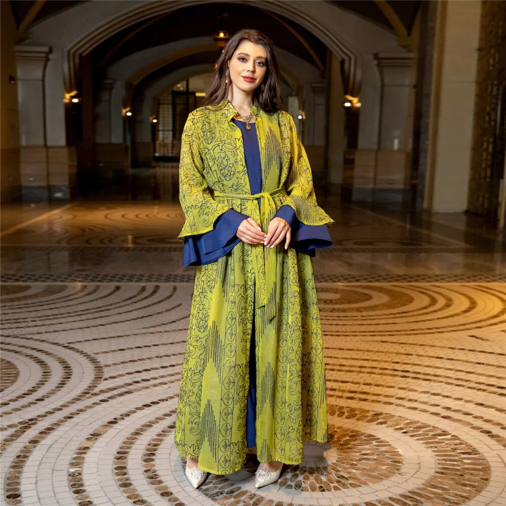 Muslim Evening Dress Set for Women Chic Ruffle Sleeve Embroider Kimono Abaya &Inner Vest Middle Eastern Dubai Turkey Party Robe