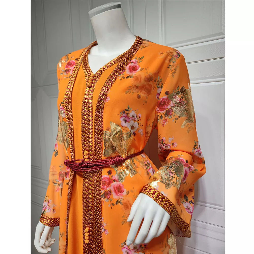 Djellaba Marocaine Two Piece Muslim Dress Chiffon Print Belted Kaftan Ramadan Gown Abayas Islamic Cloth Turkish Women Clothes