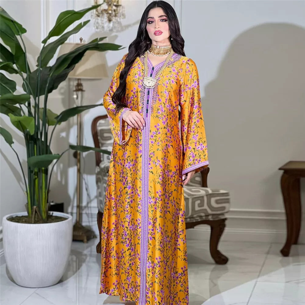 Kaftan Dubai Luxury Diamonds V-Neck Lace Tape Maxi Dress Chic Elegant Floral Print Muslim Turkish Party Evening Robe Clothing