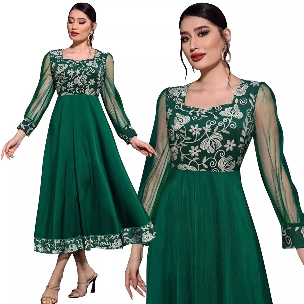 Arab Dubai Fashion Floral Embroidery Mesh Hollow Out Long Sleeve Evening Party Gown African Turkish Gulf Women Kaftan