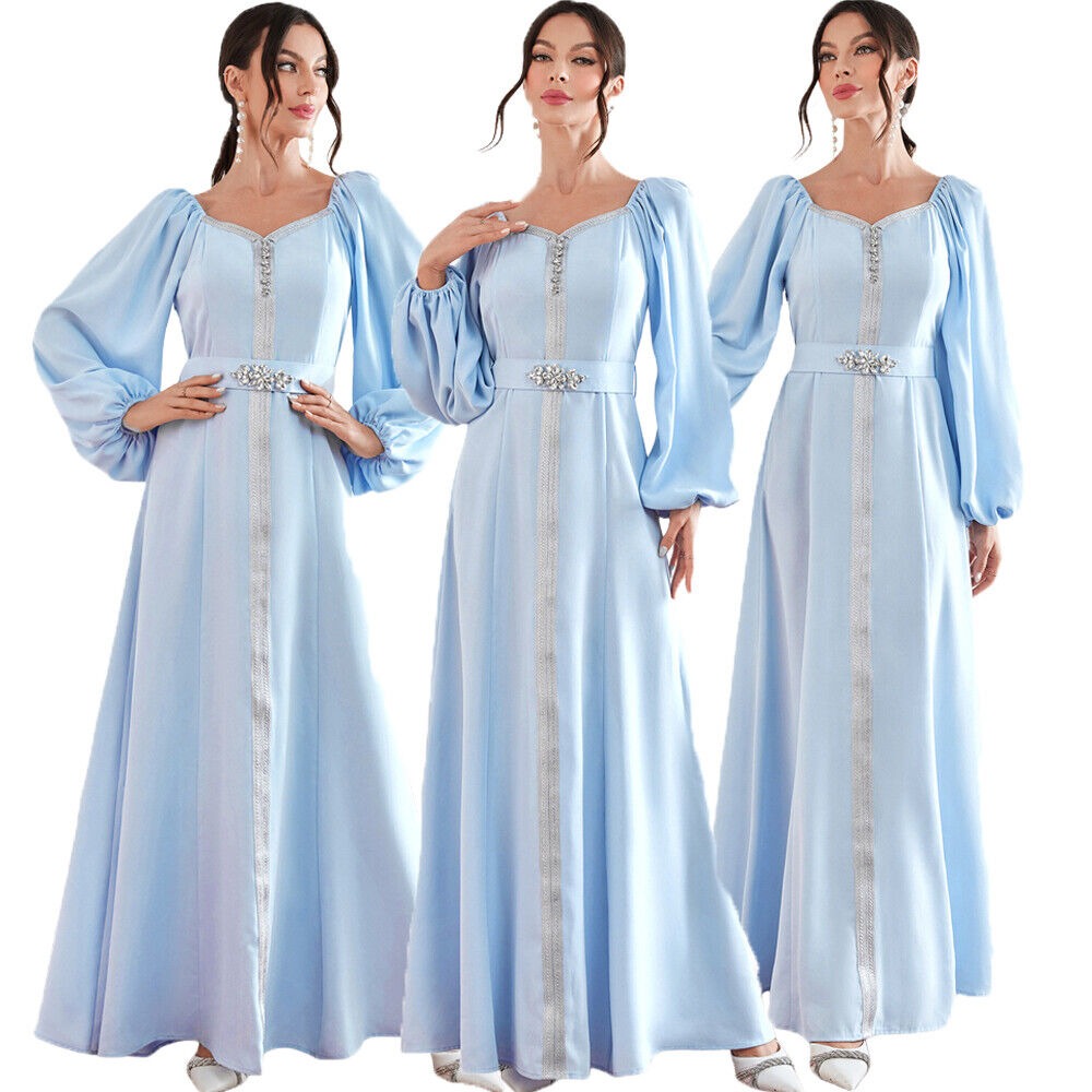 Dubai Evening Dress Women Moroccan Caftan Jalabiyat Solid Rhinestone Puff Sleeve Square Collar Belted Robe