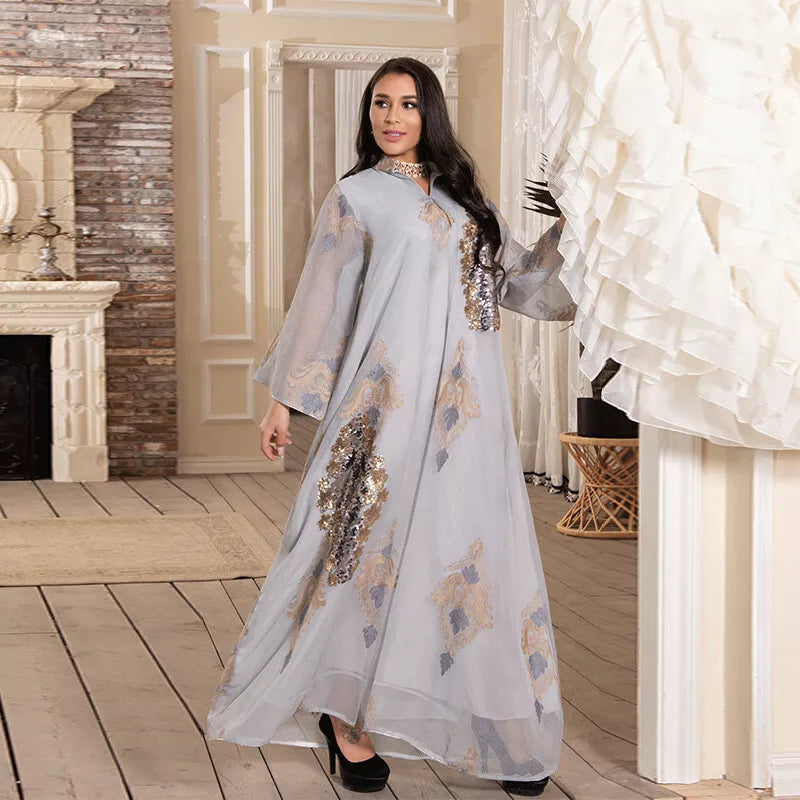 Dubai Fashion Mesh Sequins Embroidery Evening Party Gown Jalabiyat Saudi Arab Casual Robe African Women Caftan Clothing