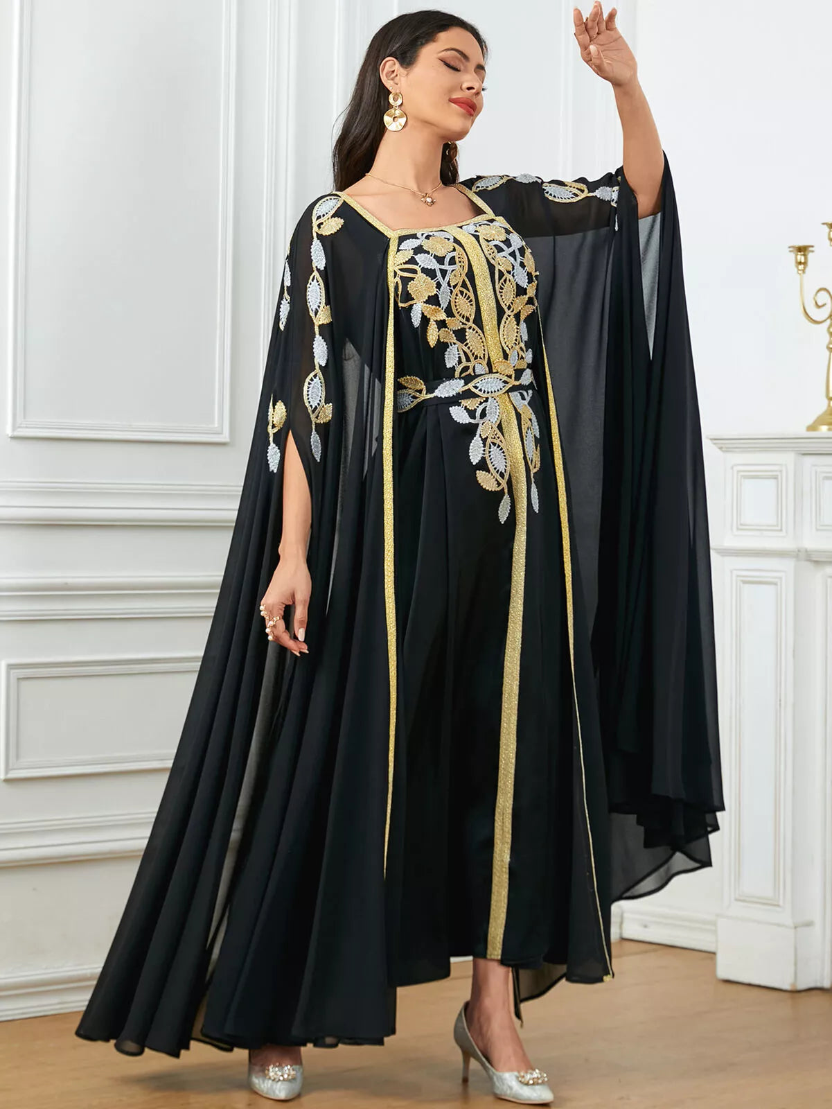 Elegant Casual Super Long Sleeve Party Gown Moroccan Saudi Appliques Belted Dresses Turkish African Abayas Arab Kaftan