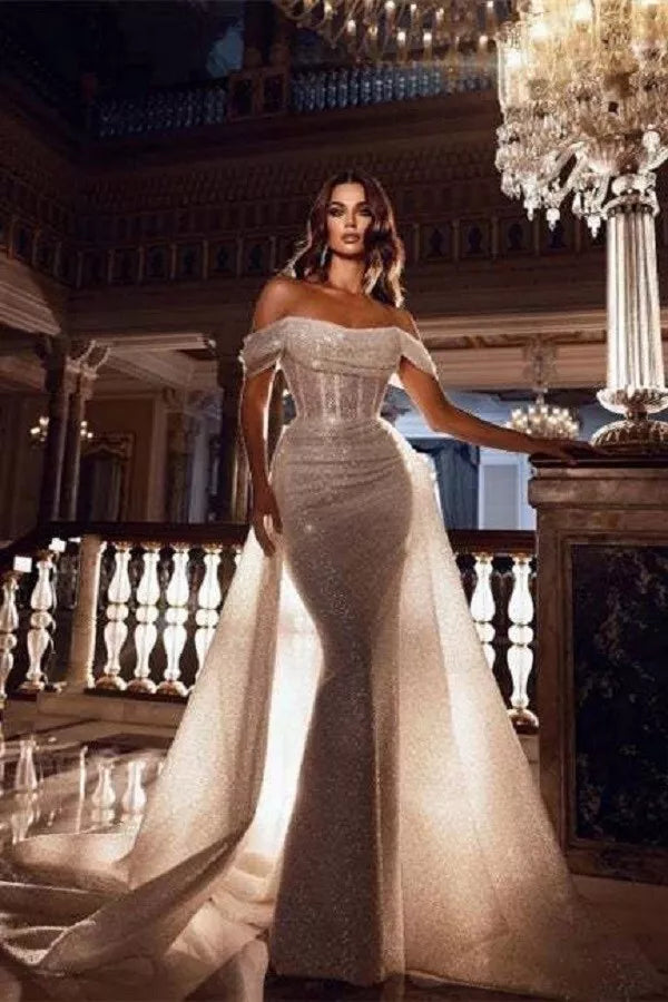 Sexy Glitter Bodycon Mermaid Wedding Dresses Off Shoulder Sleeveless Boho Bridal Gowns With Shiny Train Bride Dress