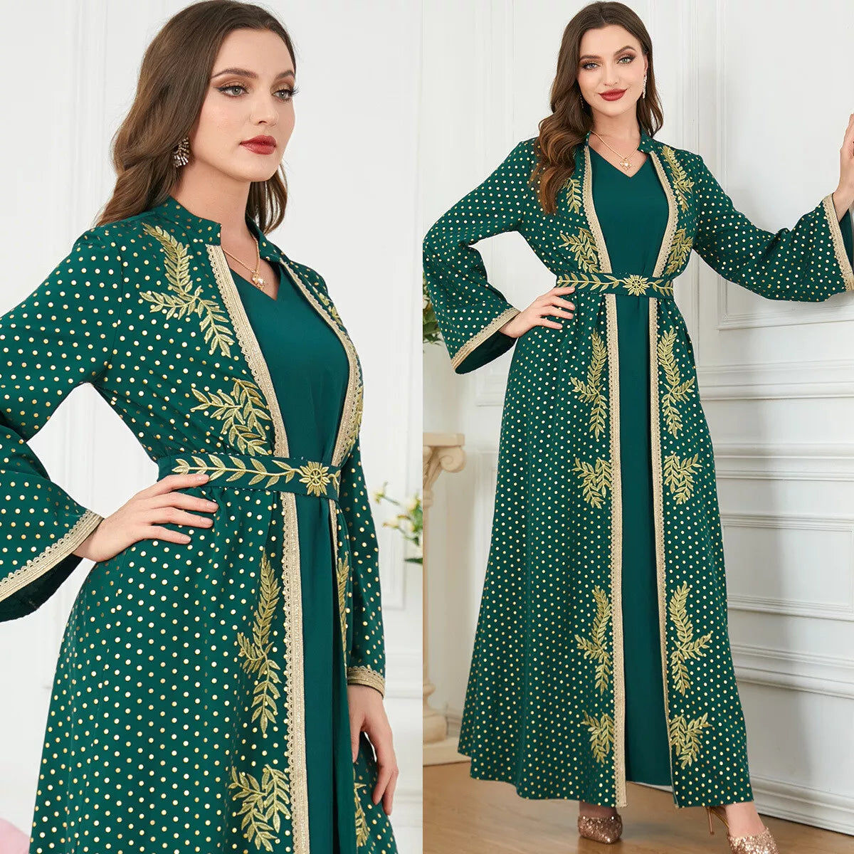 Eid Abaya For Women 2023 Spring Leaf Embroidery Lace Tape Belted Kaftan Polka Dot Print Front Open Abayas 2pcs Musilim Set Dress