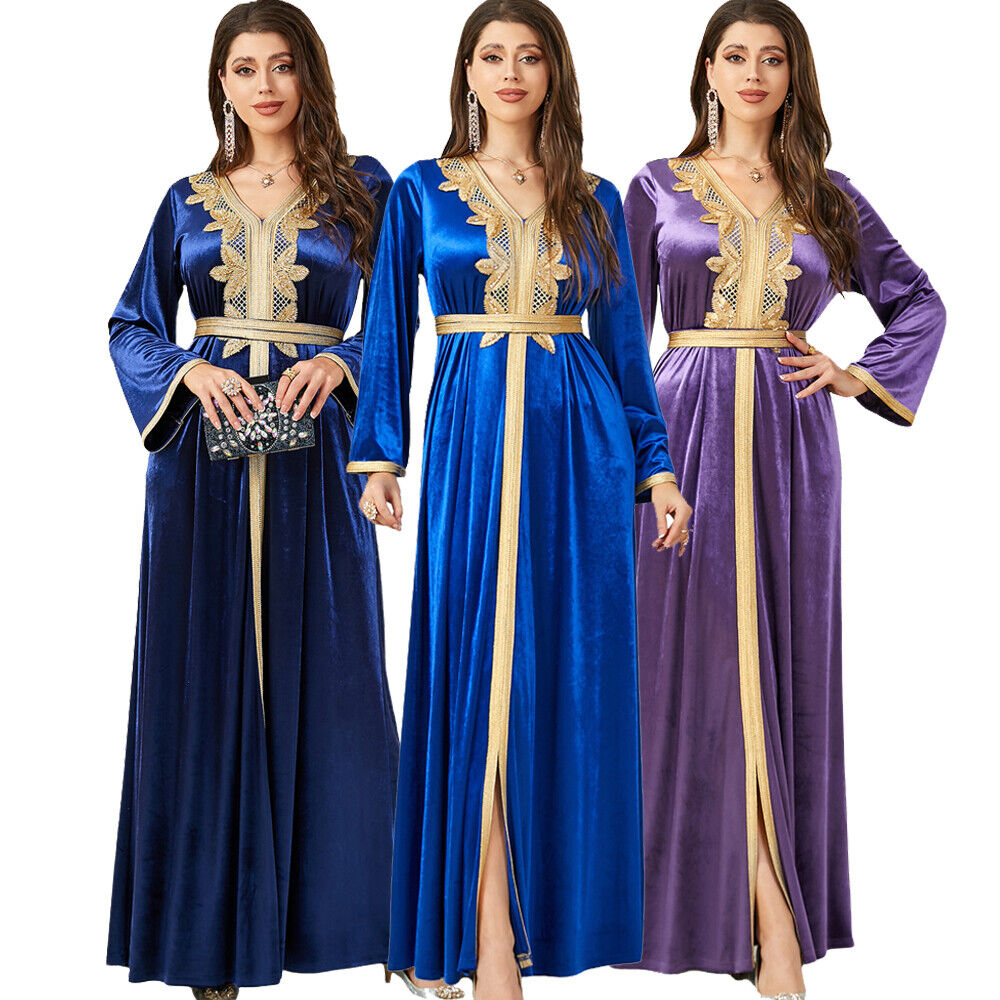 Velvet Autumn Winter Solid Evening Dress Jalabiyat Turkish Saudi Long Sleeve V-Neck Belted African Moroccan Abaya