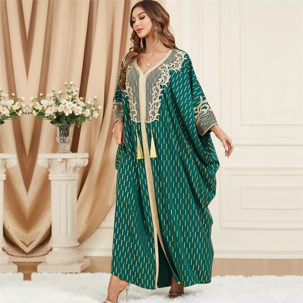 Batwing Sleeve Abaya Dress for Women Chic Lace Applique Tape Trim Gold Stamping Arab Turkey Muslim Robe Tassel Corban