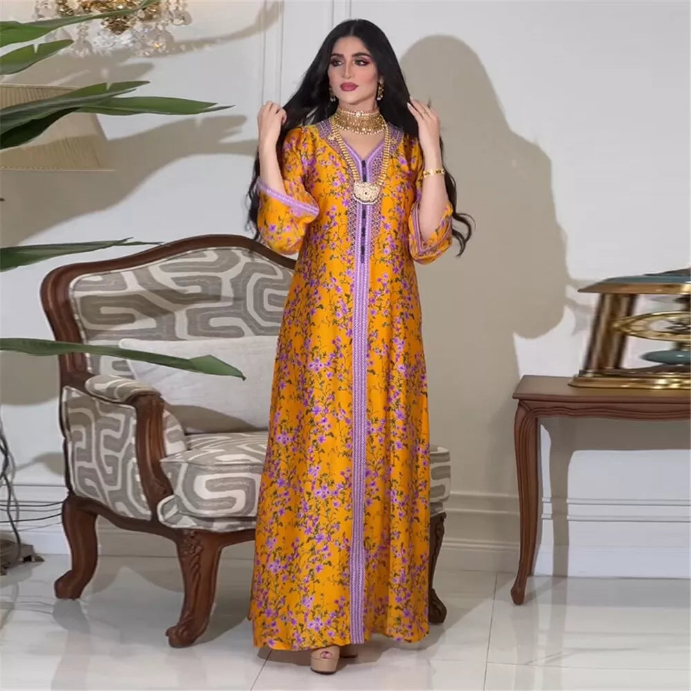 Kaftan Dubai Luxury Diamonds V-Neck Lace Tape Maxi Dress Chic Elegant Floral Print Muslim Turkish Party Evening Robe Clothing