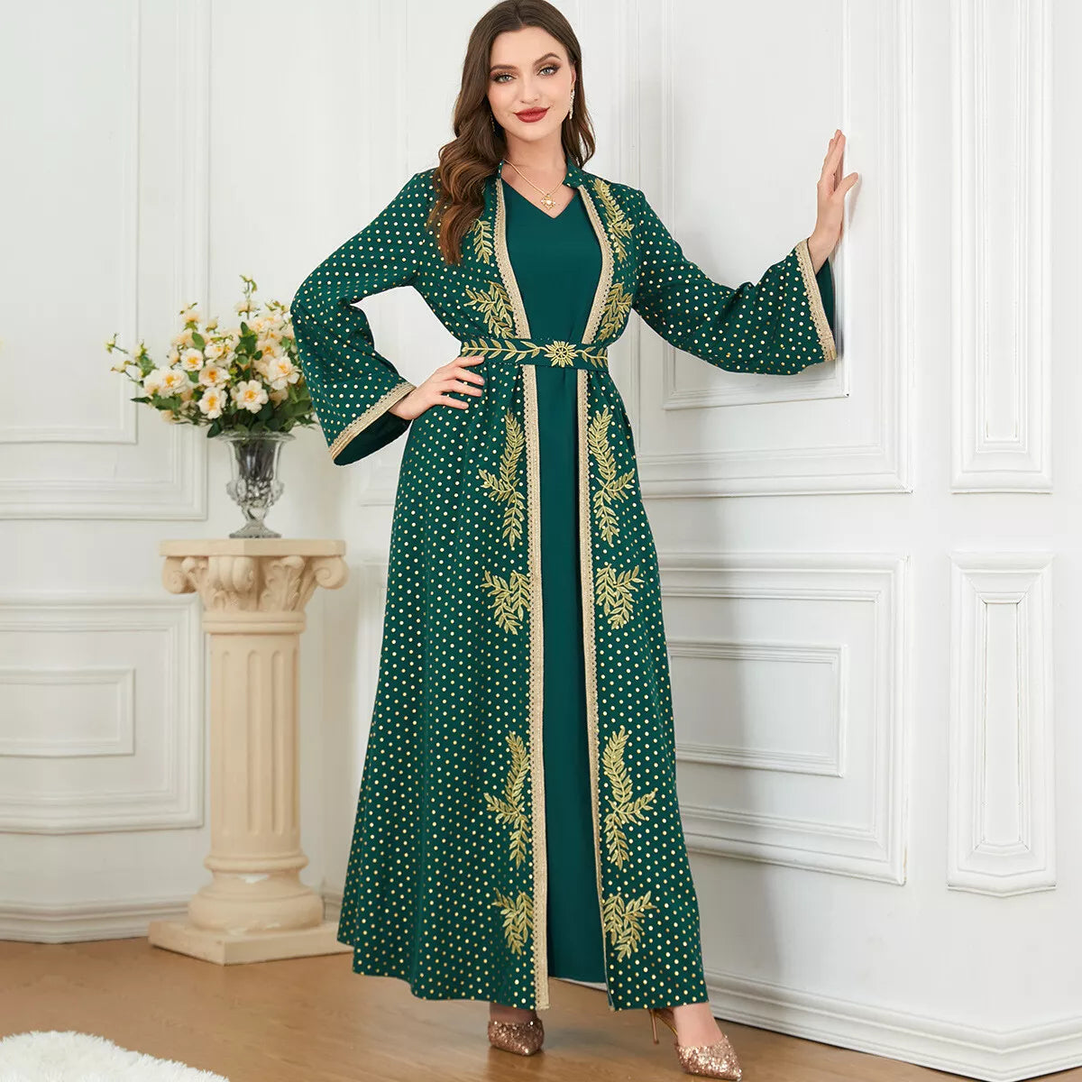 Eid Abaya For Women 2023 Spring Leaf Embroidery Lace Tape Belted Kaftan Polka Dot Print Front Open Abayas 2pcs Musilim Set Dress