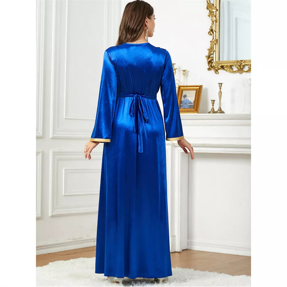 Velvet Autumn Winter Solid Evening Dress Jalabiyat Turkish Saudi Long Sleeve V-Neck Belted African Moroccan Abaya