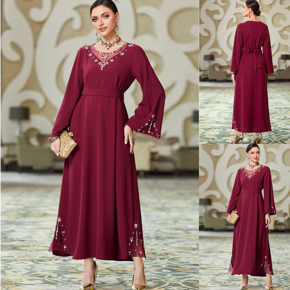 Pure Handwork Rhinestone Red Long Dress For Muslim Women Chic Hollow Out Full Sleeve Belted Dubai Moroccan Robe