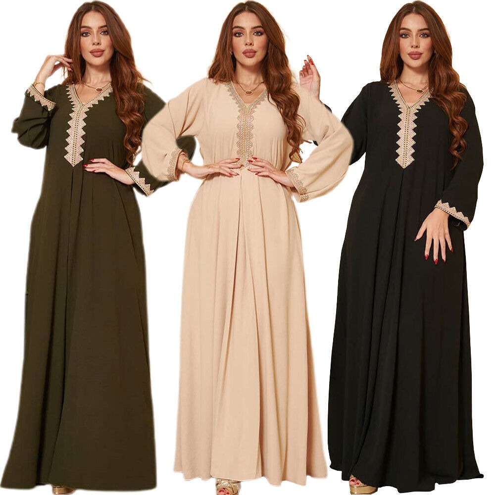 Moroccan Women Jalabiyat Fashion Basic Solid Diamonds Full Sleeve V-Neck Elegant Chic Turkish Female Abaya