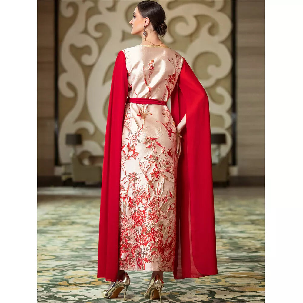 Fashion Dubai Royal Caftan Women Chic Printing Super Full Sleeves V-Neck Belted Clothing Evening Long Dresses Elegant