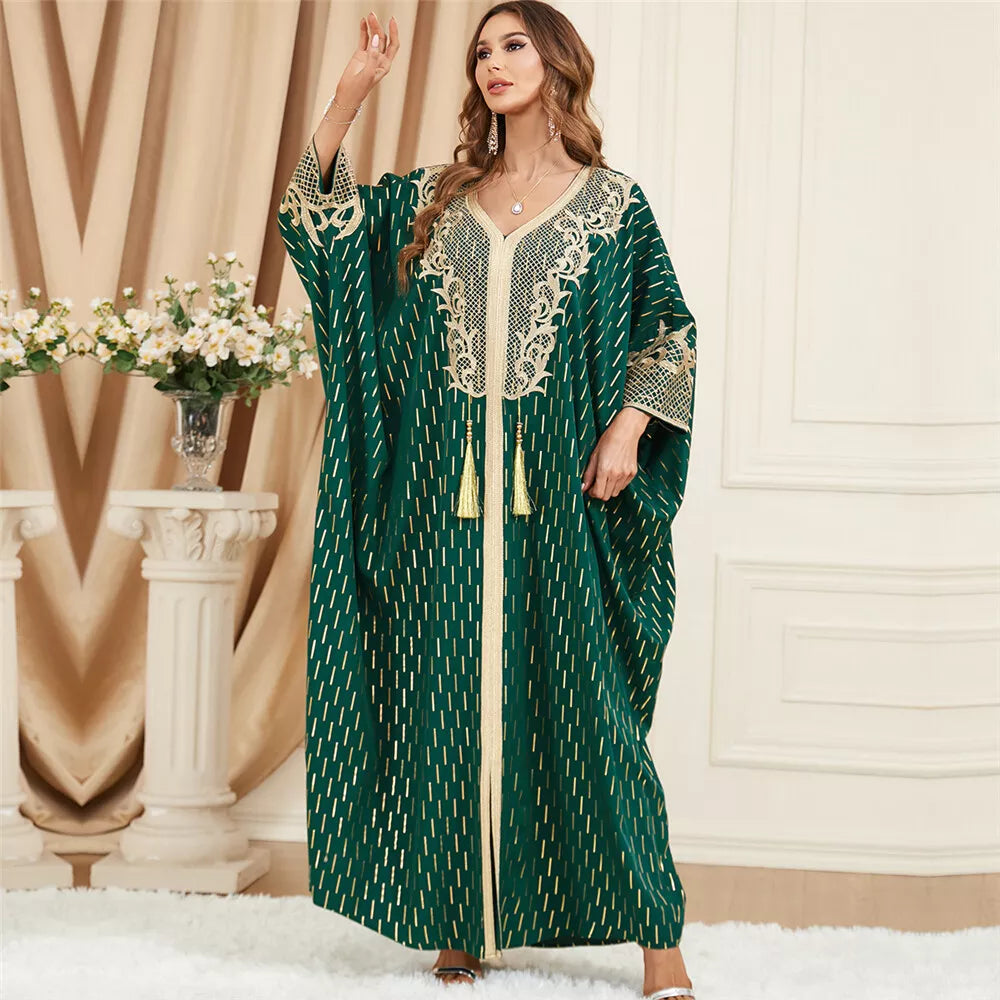 Batwing Sleeve Abaya Dress for Women Chic Lace Applique Tape Trim Gold Stamping Arab Turkey Muslim Robe Tassel Corban