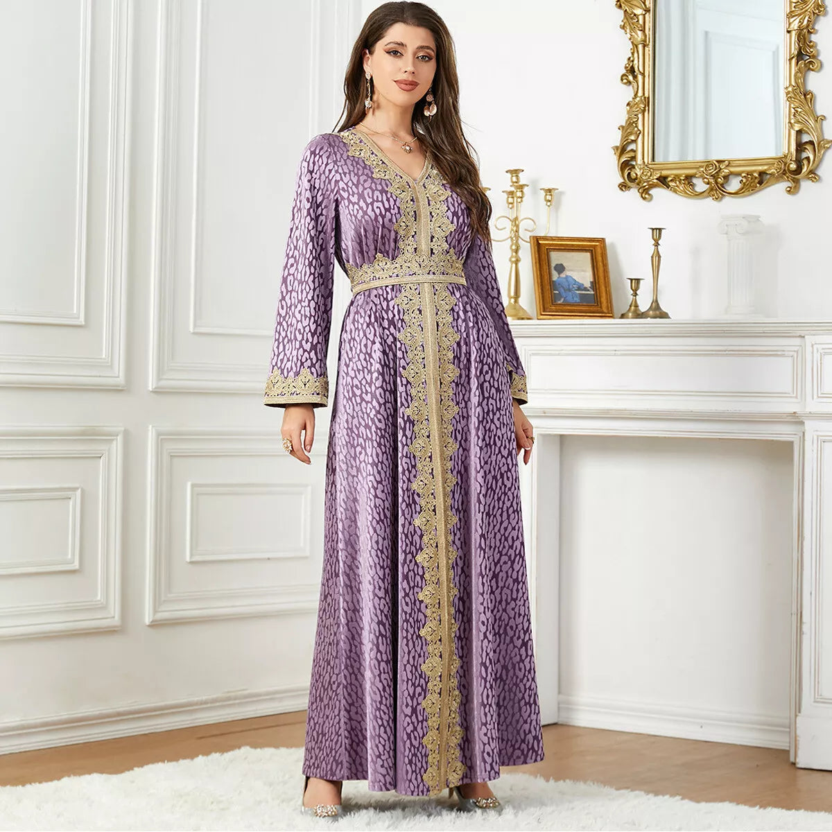 Purple Water Ripple Tape Trim Autumn Winter Velvet Evening Gown Kuwaiti Saudi Dubai V-Neck Belted Muslim Ramadan Dress