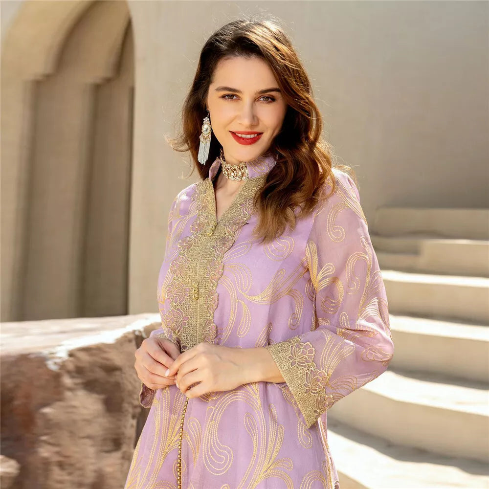 Arab Floral Embroidery Long Sleeve Lace Tape Notched V-Neck Casual Abaya Moroccan Caftan For Women Djellaba Dubai Dress