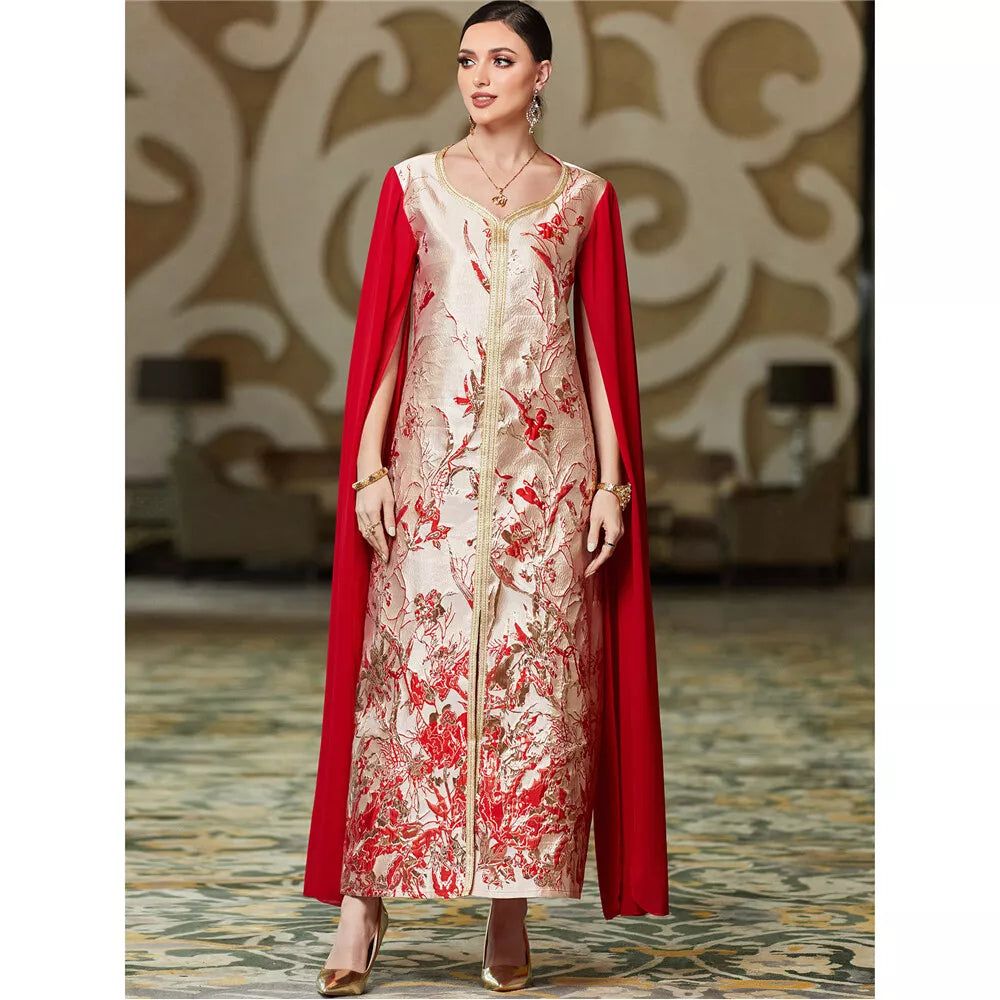 Fashion Dubai Royal Caftan Women Chic Printing Super Full Sleeves V-Neck Belted Clothing Evening Long Dresses Elegant