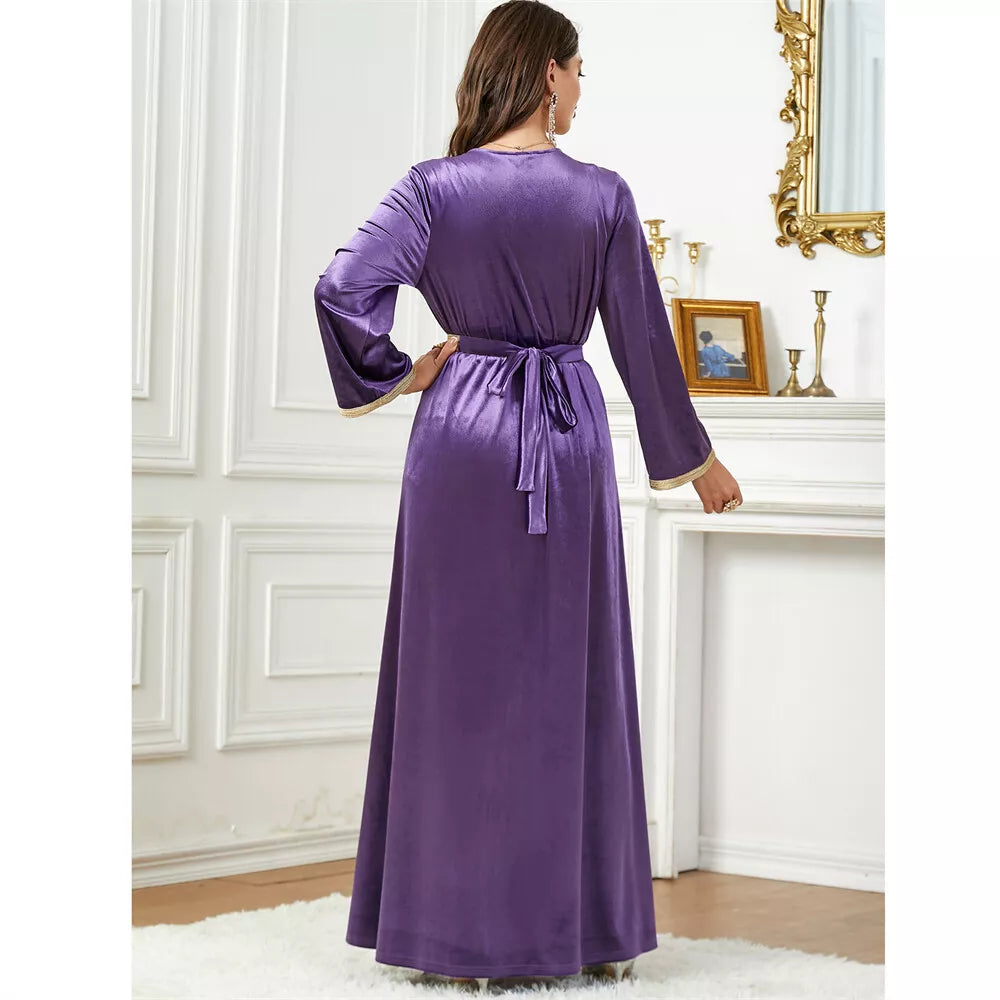 Velvet Autumn Winter Solid Evening Dress Jalabiyat Turkish Saudi Long Sleeve V-Neck Belted African Moroccan Abaya