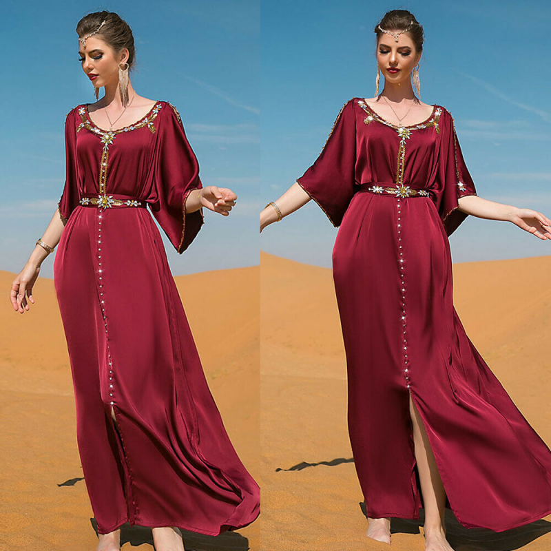 Evening Party Dresses Handsewn Diamonds Off The Shoulders Belted Abayas Moroccan Saudi Women Kaftan Islamic Clothing