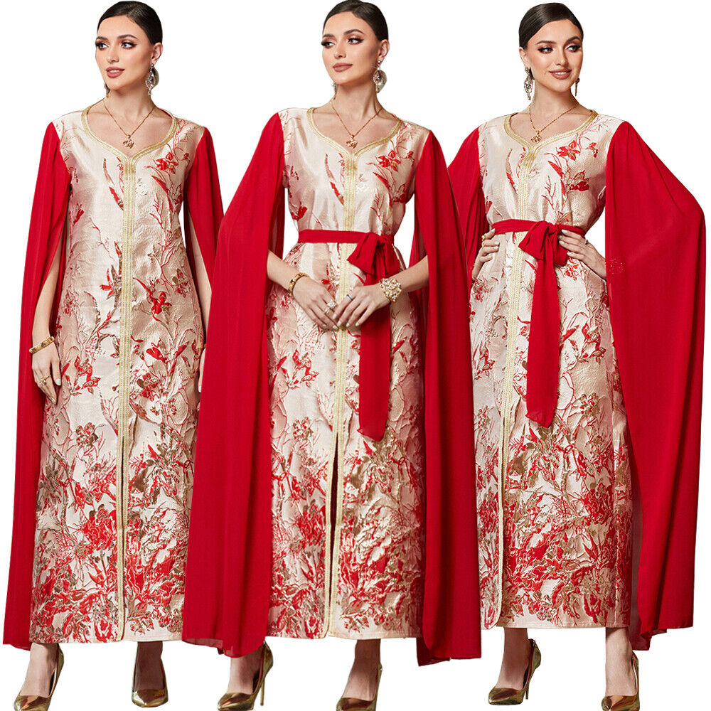 Fashion Dubai Royal Caftan Women Chic Printing Super Full Sleeves V-Neck Belted Clothing Evening Long Dresses Elegant