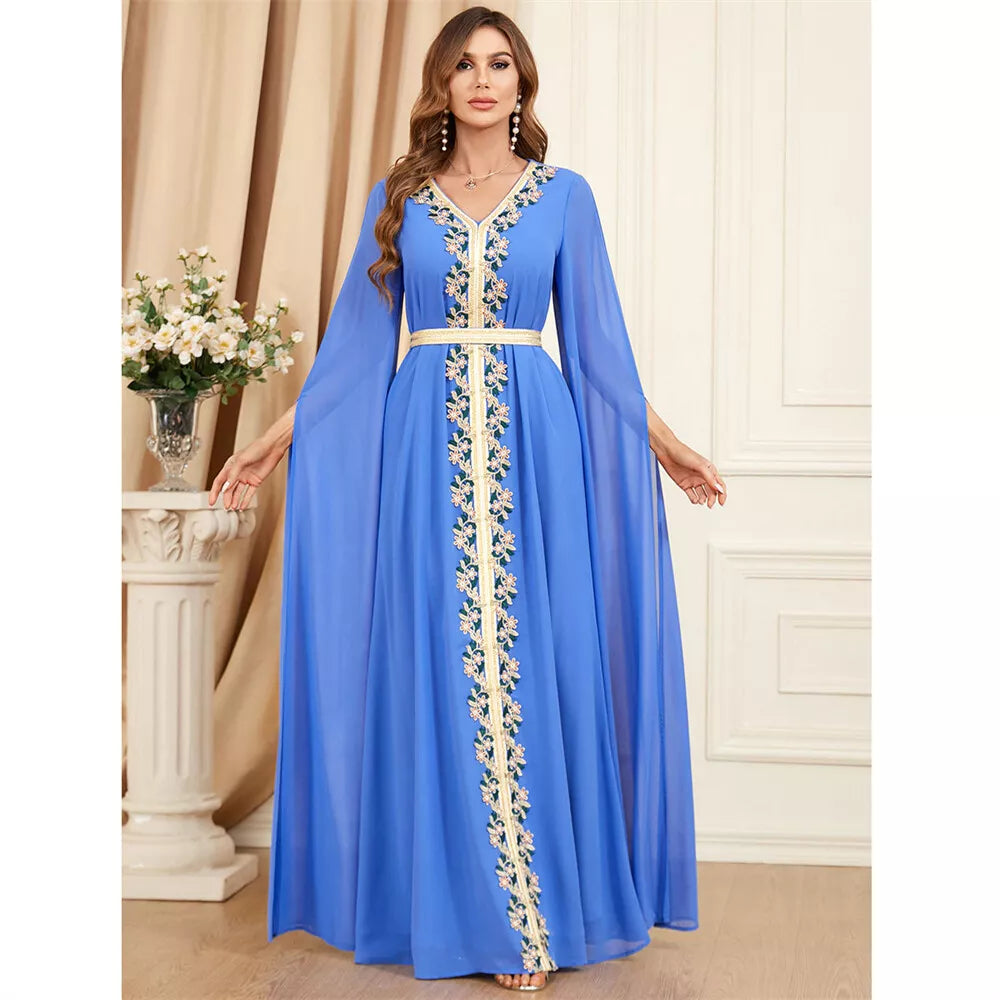 Muslim Dress 2023 Dubai Caftan Women Basic Solid Lace Tape Super Full Sleeves V-Neck Sashes Moroccan Islam Abaya