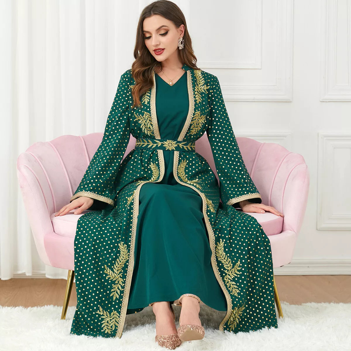 Eid Abaya For Women 2023 Spring Leaf Embroidery Lace Tape Belted Kaftan Polka Dot Print Front Open Abayas 2pcs Musilim Set Dress