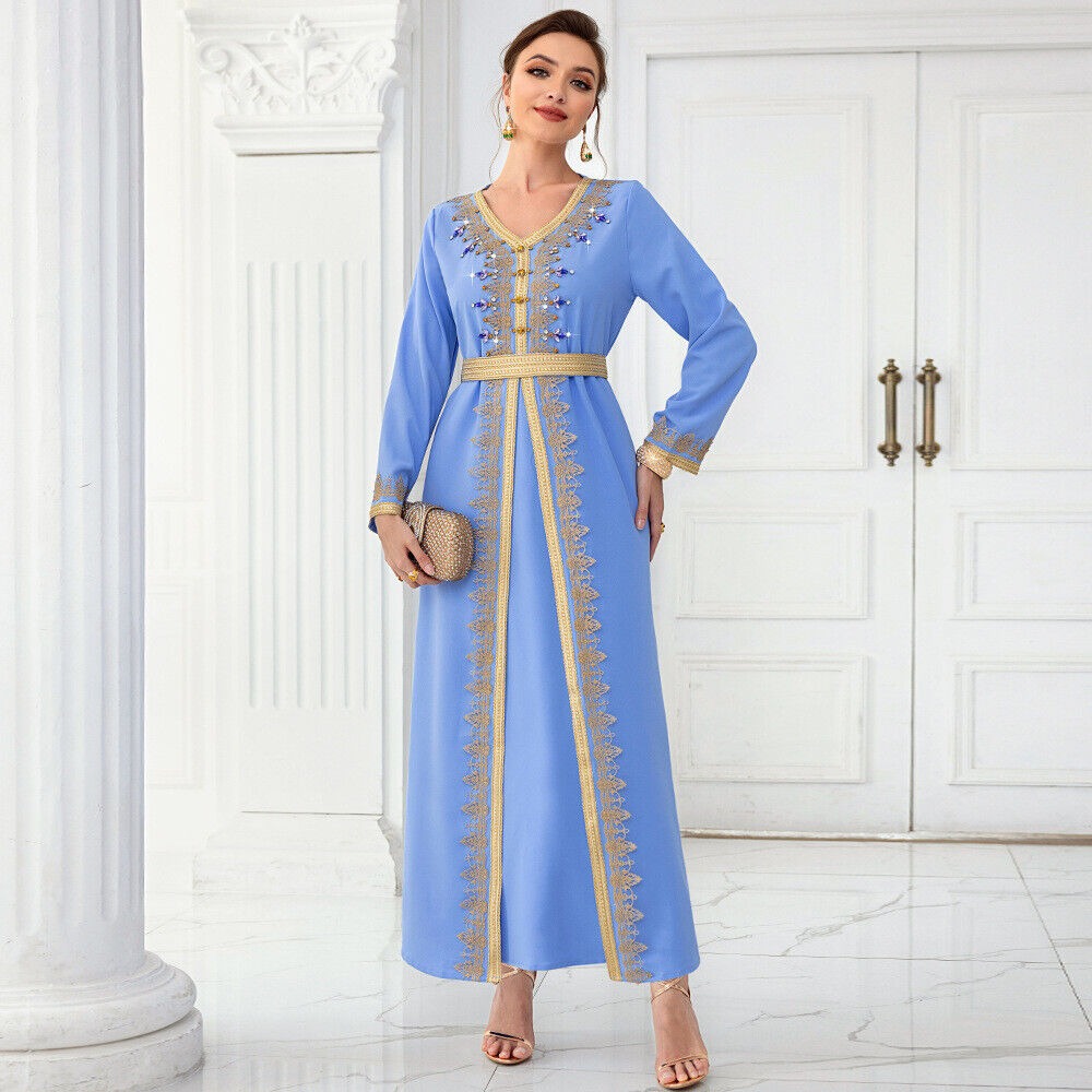 Chic Diamonds Moroccan Kaftan For Women 2 Piece Suit Solid Tape Trim Full Sleeve V-Neck Sashes Elegant Dubai Long Dress