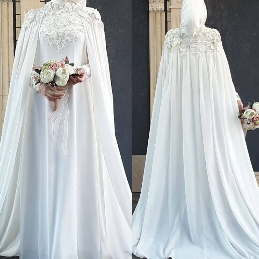 Muslim Robe De Mariée Wedding Dresses for Women A-Line Chiffon High Neck Lace Flowers Dubai Arabic Bridal Gowns with Hijab