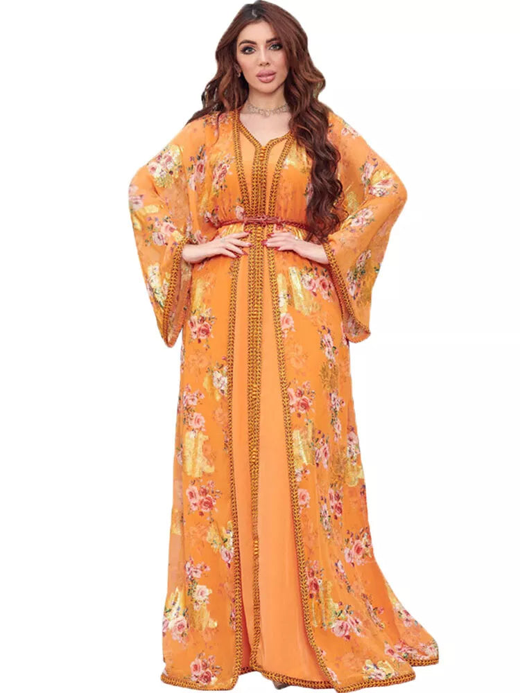 Djellaba Marocaine Two Piece Muslim Dress Chiffon Print Belted Kaftan Ramadan Gown Abayas Islamic Cloth Turkish Women Clothes